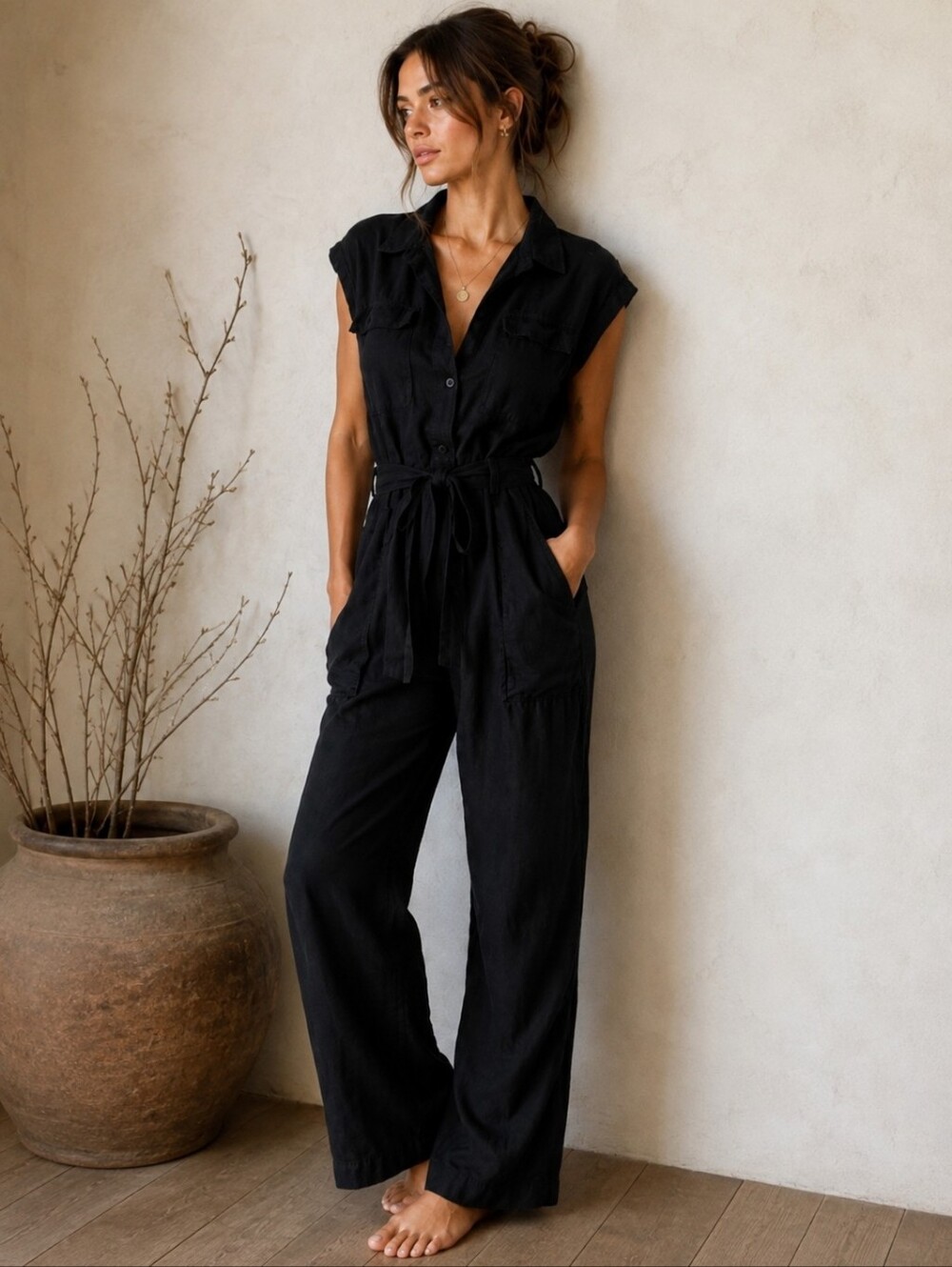 YFB Women Linen Blend Utility Jumpsuit Black Wide Leg Sleeveless Pockets Size M